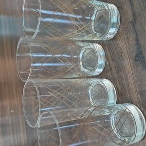 Set of 4 gold trimmed hatch design cocktail highball 10 oz glasses
